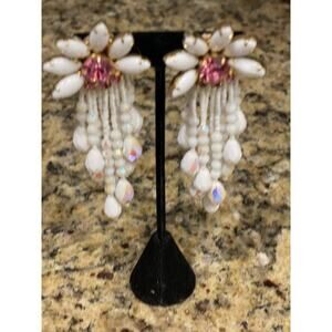 Earrings Vintage - 4" white pink